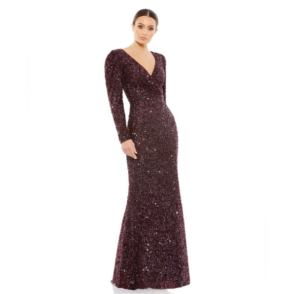 MAC DUGGAL 5510 SEQUINED SURPLICE MOHAGANY GOWN sz 10 - Picture 1 of 11